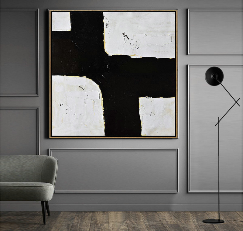 Abstract Painting Extra Large Canvas Art,Handmade Minimal Art Palette Knife Canvas Painting, Black White Beige - Custom Canvas Wall Art